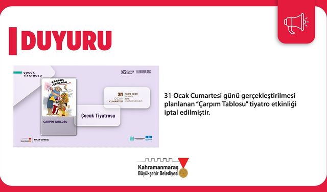 “Çarpım Tablosu” Adlı Çocuk Tiyatrosu Etkinliği İptal Edildi